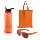 An orange water bottle with a black lid, an orange tote bag, and orange sunglasses with dark lenses are arranged together against a white background.