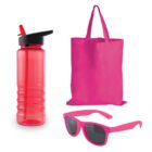A pink reusable water bottle with a flip-top lid and straw, a pink tote bag, and pink sunglasses with black lenses are displayed against a white background.