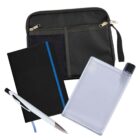 A transparent rectangular water bottle, a black notebook with a blue stripe, a white and black pen, and a black zippered pouch with a mesh pocket, all placed against a white background.