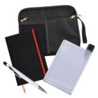 A black zippered pouch with mesh pockets, a black notebook with a red spine, a white pen with a black grip, and a clear rectangular water bottle with a black cap are arranged together.