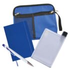 A blue zippered pouch with black mesh pockets, a blue notebook, a white pen with purple accents, and a flat, rectangular transparent water bottle with a black cap.