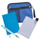 A blue zippered pouch, blue notebook, white and blue pen, and clear rectangular water bottle with a black cap are arranged together. The pouch has two black mesh pockets with zippers.