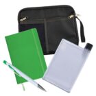 Black zippered pouch with mesh pockets, a green notebook, a clear water bottle with a black cap, and a white and green pen are arranged together.