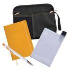 Black pouch with zippers, orange notebook, white pen with orange accents, and transparent water bottle with black cap arranged together.