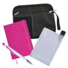 A flat lay of a black zippered pouch, a pink notebook, a white pen with pink accents, and a transparent water bottle with a black cap.