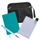 A black zippered pouch with mesh pockets, a teal notebook, a white and teal pen, and a flat clear water bottle with a black cap are arranged together.