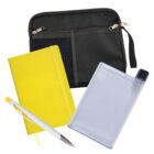 A black zippered pouch with two pockets, a yellow notebook, a white pen with a yellow clip, and a flat, transparent water bottle with a black cap are displayed.