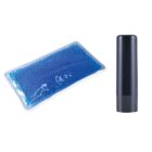 A rectangular gel pack filled with blue beads and a cylindrical black bottle with a cap, placed on a white background.