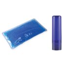 A blue gel bead pack is on the left and a cylindrical, dark blue cylindrical container is on the right. Both items are set against a plain white background.