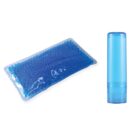 A blue cylindrical container stands upright next to a transparent pouch filled with blue gel beads. Both items are set against a plain white background.