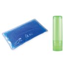 A sealed rectangular pouch filled with small blue beads is next to a light green cylindrical container standing upright.