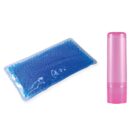 A blue gel bead ice pack is on the left, and a pink cylindrical container is on the right, both set against a plain white background.