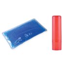 A blue gel ice pack and a red cylindrical container are placed against a white background. The gel ice pack has small blue beads inside, while the red container is solid and opaque.