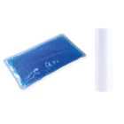 A small rectangular gel pack filled with blue beads is on the left, next to a plain white cylindrical container on the right, set against a white background.