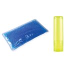 A rectangular blue gel pack next to a yellow cylindrical container with a screw cap. The gel pack is transparent with visible round beads inside.