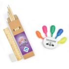 A set of stationary items including a brown cardboard box with colored pencils, a wooden ruler, an eraser, and a hand-shaped object with colorful markers extending from each fingertip. The box features a Train Your Brain label with a cartoon.