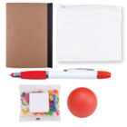 A flat lay of office items: a small brown notebook, a transparent zip pouch, a pen with a red grip, a packet of colorful jellybeans, and a solid red stress ball.