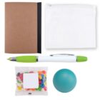 A small brown notebook, a white zip bag, a green and white pen, a packet of colorful jelly beans, and a teal rubber ball are arranged on a white background.