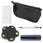 A black zippered pencil case with a metal zipper, a white rectangular box, a silver pen with white accents, a set of multicolored sticky notes shaped like a flower, and a dark cylindrical container on a white background.