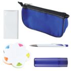 A blue pencil case with a zipper, a white rectangular power bank, a pen with a white body and blue accents, a flower-shaped sticky note pad with colorful notes, and a blue cylindrical container.