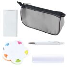 A gray zippered pouch, a white rectangular container, a white pen, a flower-shaped sticky note pad with colored tabs, and a cylindrical white tube are arranged on a white background.
