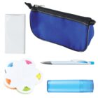 A blue zippered pencil case with a white rectangular object, a flower-shaped sticky note set with colorful tabs, a white and blue pen, and a translucent blue cylindrical container arranged alongside it.