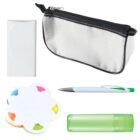 A collection of office supplies including a white zippered pencil case, a rectangular notepad, a ballpoint pen with a green grip, a flower-shaped sticky note pad with multicolored tabs, and a translucent green glue stick.
