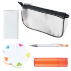 A collection of stationery items includes a white pencil case with a black zipper, a white power bank, a pen with orange accents, a flower-shaped notepad with colorful tabs, and an orange highlighter.