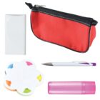 A red pencil case with a zipper is surrounded by white earphones in a case, a white pen with purple accents, a pink highlighter, and a flower-shaped sticky note set with colorful tabs.