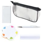 White pencil case with black zipper at the top. Below, a white power bank, flower-shaped sticky notes, white pen, and white lip balm tube are arranged on a plain background.