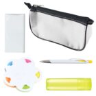 A pencil case with a black zipper, a silver and yellow pen, a white power bank, a flower-shaped sticky note set with multicolored tabs, and a translucent lime-green marker are arranged on a white background.