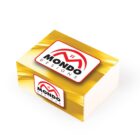 A gold rectangular box with a white top displaying the Mondo Designs logo, which features an abstract red and black M with a small red window shape inside.