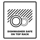 Icon depicting two stylized rotating dishes with diagonal lines above, accompanied by the text DISHWASHER SAFE ON TOP RACK.