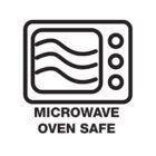 Icon of a microwave with wavy lines and three buttons, indicating Microwave Oven Safe in bold letters below. The design suggests that the item can be safely used in a microwave oven.