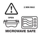 Symbols indicating that the container is microwave safe. Includes an exclamation mark warning, instruction to open the lid, a microwave icon, and 2 min max text, emphasizing a maximum heating time.