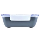 A rectangular, dark grey food container with a clear lid and white latch, shown from the side against a plain white background.