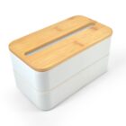 A white rectangular tissue box with a bamboo lid featuring a central slot for dispensing tissues. The smooth, minimalist design combines natural wood with clean, modern lines.