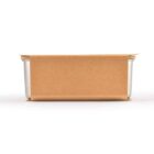 A rectangular cardboard box with a metal lid is shown against a white background. The box is wrapped in brown kraft paper, leaving the edges of the metal container slightly visible.
