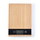A digital kitchen scale with a bamboo surface and black digital display showing zero. The panel includes two buttons labeled UNIT and ON/TARE. Maximum capacity is 5000g with 1g increments.