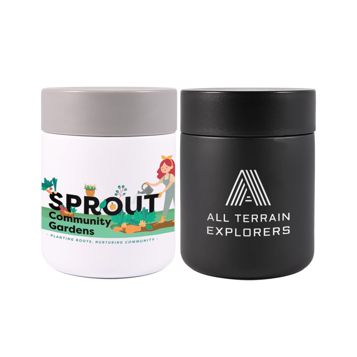 Two jars side by side: the white jar has a label with a cartoon woman gardening and the text SPROUT Community Gardens, and the black jar features a stylized A with the text ALL TERRAIN EXPLORERS.