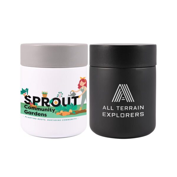 Two containers side by side. The left container is white with SPROUT Community Gardens featuring a cartoon of a woman gardening. The right container is black with ALL TERRAIN EXPLORERS and a stylized letter A logo.