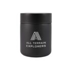 A black, cylindrical container with a screw-on lid. The container features a minimalist, white logo of stylized letter A above the text ALL TERRAIN EXPLORERS.
