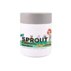 A white container with a gray lid labeled Sprout Community Gardens. It features an illustration of a person watering plants beside the text. At the bottom, it reads Planting roots, nurturing community.