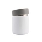A cylindrical white container with a slightly tilted gray lid on top, set against a plain white background.