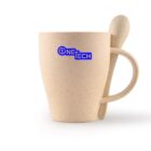 A beige mug with a handle, featuring the Onetech logo in blue. A matching spoon is placed vertically through the handle. The mugs surface has a speckled texture.