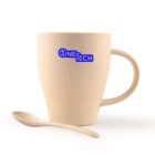 A beige speckled mug with a matching spoon lies next to it. The mug features a blue ONETECH logo on its side. The background is plain white.
