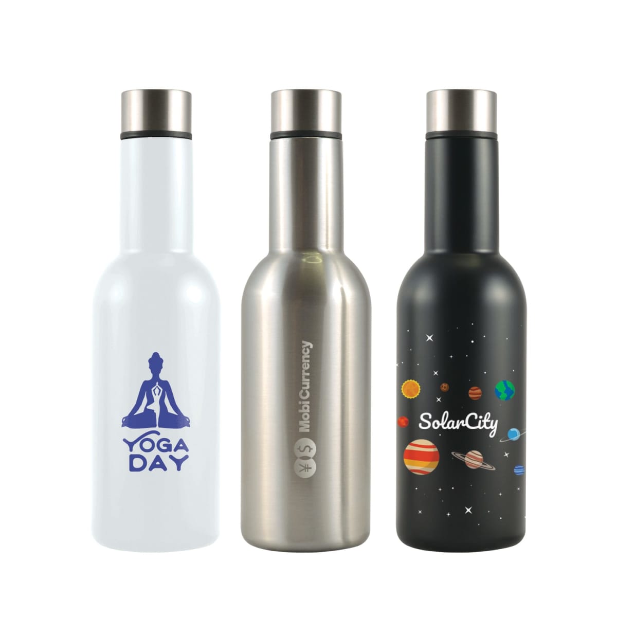 Three insulated water bottles are displayed. The left bottle is white with a Yoga Day design featuring a meditating figure. The middle bottle is metallic with MobileCurrency text. The right bottle is black with colorful planets and SolarCity text.