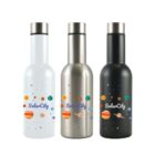 Three solar-themed insulated bottles are displayed: one white, one silver, and one black. Each has colorful planet graphics and the text SolarCity on the surface. The bottles have metallic caps.