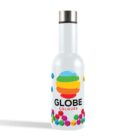 A white bottle with a stainless steel cap, featuring a colorful globe logo with a rainbow design. GLOBE COLOURS is printed below the logo. The bottom of the bottle is decorated with multicolored circles.