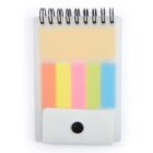 A small spiral-bound notepad with a translucent cover displaying sticky notes in yellow, pink, green, and blue. Below the notes, theres a white clip with a black dot in the center.